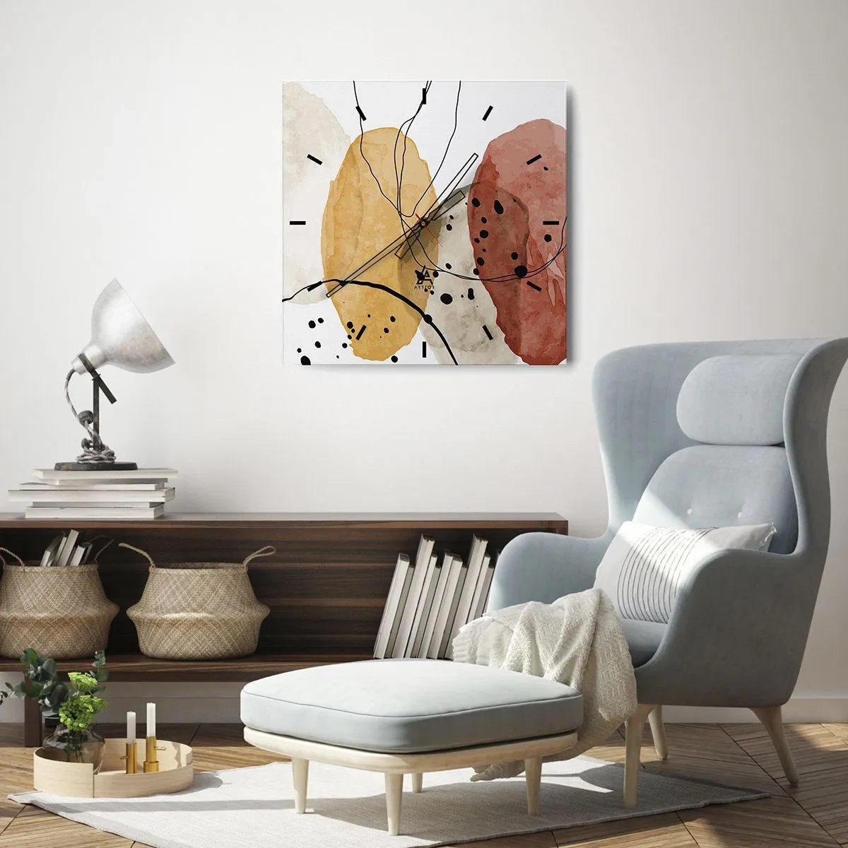 Reloj de pared - Reloj de vidrio - Manchas abstractas en tonos beige, amarillo y rojo. - 30x30cm - Líneas y transparencias - Decoración de pared moderna para salón y dormitorio ARTTOR