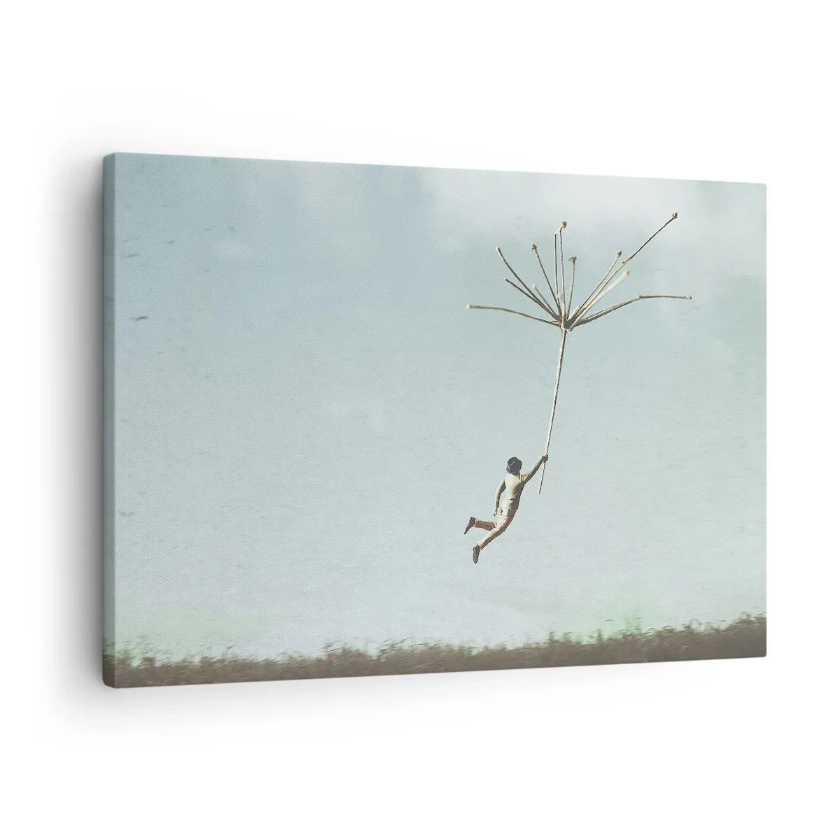Cuadro sobre lienzo - Impresión de Imagen - Una figura levantada por una gran semilla de diente de león. - 70x50cm - Bailando con la brisa - Decoración de pared moderna para salón y dormitorio ARTTOR