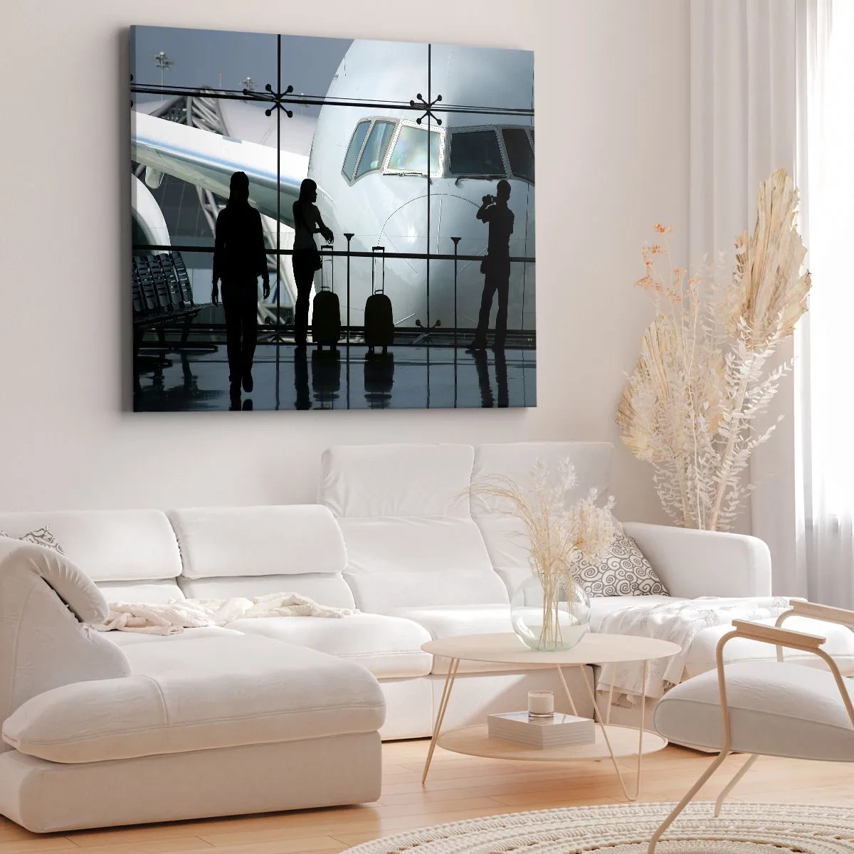 Cuadro sobre lienzo - Impresión de Imagen - Aeropuerto con siluetas de personas y una vista del avión. - 70x50cm - Vis a vis en el aeropuerto - Decoración de pared moderna para salón y dormitorio ARTTOR