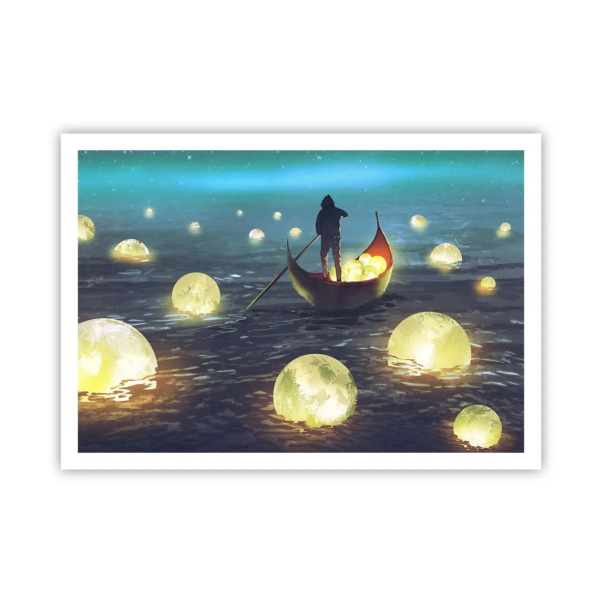 Póster - Una figura en un barco rodeada de bolas luminosas en el agua. - 100x70cm - Cosas que los filósofos nunca soñaron - Decoración de pared moderna para salón y dormitorio ARTTOR