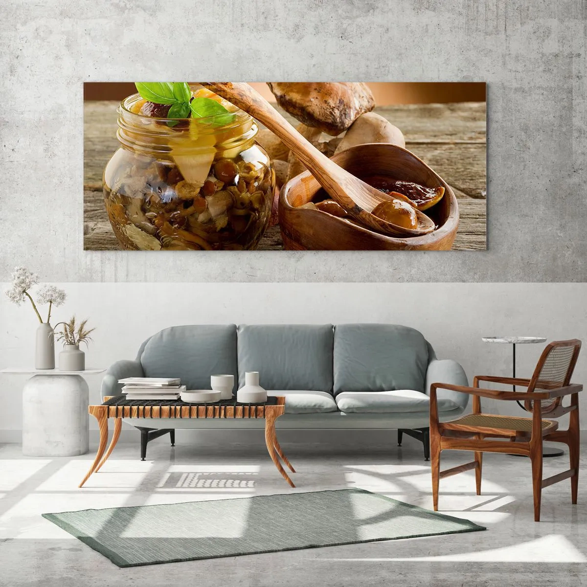 Cuadro sobre vidrio - Impresiones sobre Vidrio - Setas naturales en un tarro sobre una mesa rústica - 120x50cm - Ya sea fresco, o salado, o de temporada de otoño.... - Decoración de pared moderna para salón y dormitorio ARTTOR