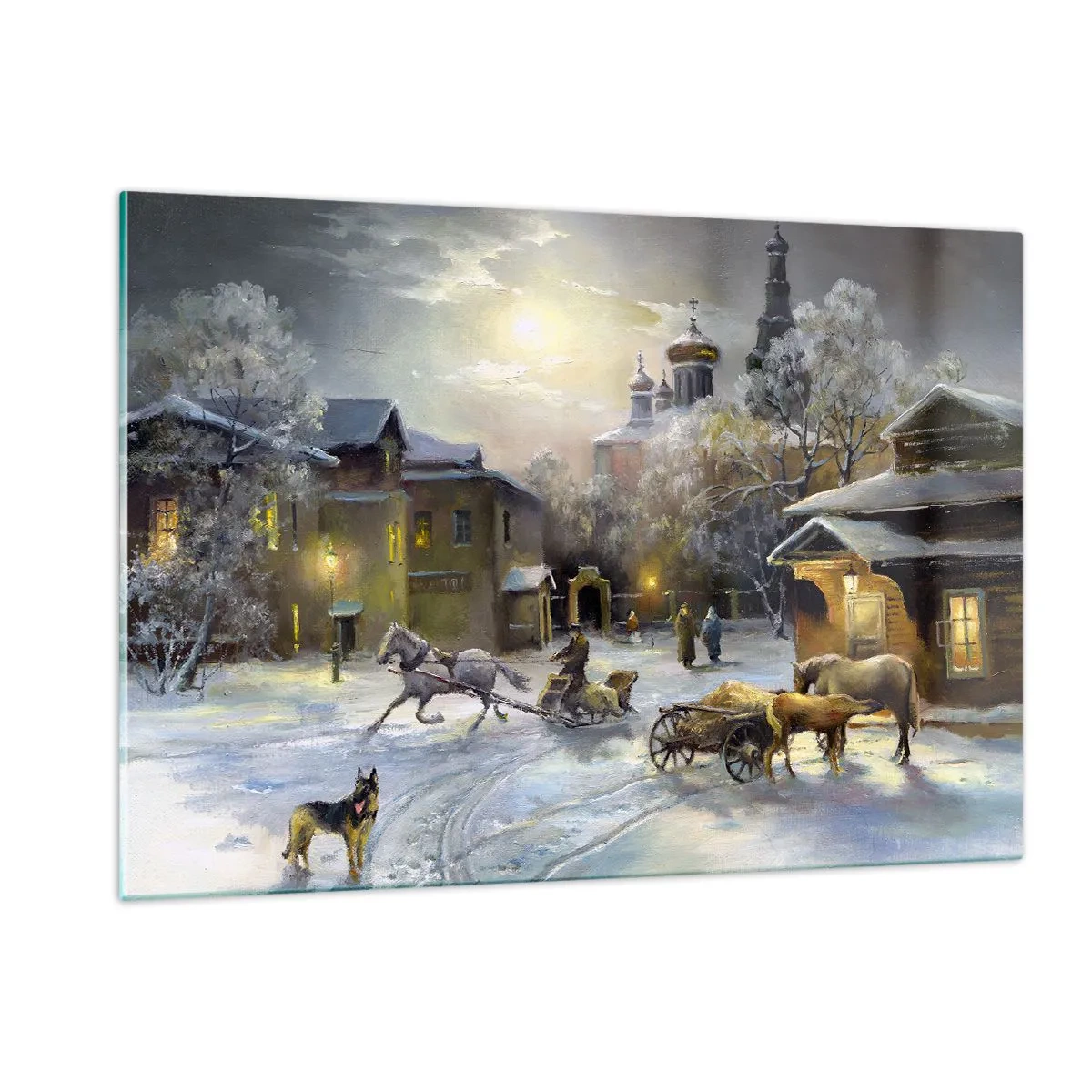 Cuadro sobre vidrio - Impresiones sobre Vidrio - Paisaje urbano invernal iluminado por la luz de la luna - 120x80cm - La magia de un invierno ruso - Decoración de pared moderna para salón y dormitorio ARTTOR