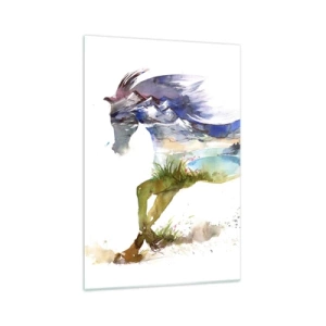 Cuadro sobre vidrio - Impresiones sobre Vidrio - Acuarela de un caballo con un paisaje de montaña en silueta. - 70x100cm - De la pradera al cielo - Decoración de pared moderna para salón y dormitorio ARTTOR