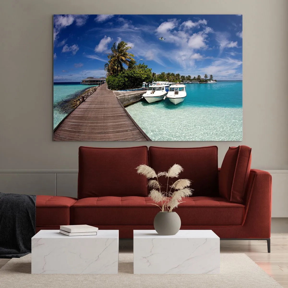 Cuadro sobre vidrio - Impresiones sobre Vidrio - Muelle exótico, barcos y agua turquesa. - 120x80cm - Y sin embargo el paraíso existe - Decoración de pared moderna para salón y dormitorio ARTTOR
