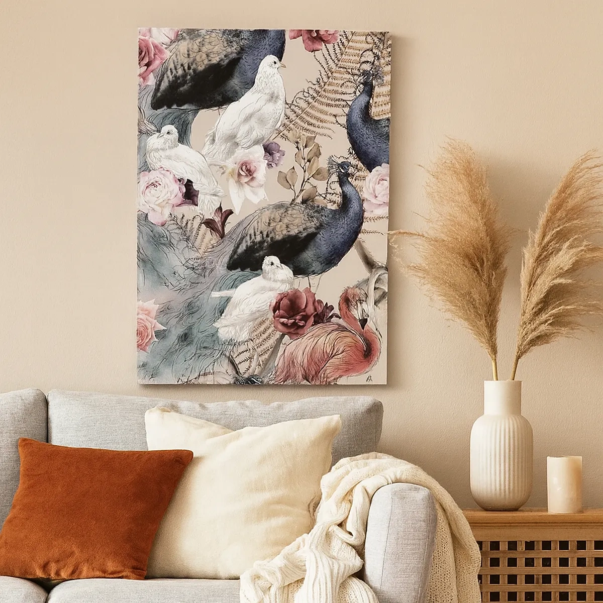 Cuadro sobre lienzo - Impresión de Imagen - Un paisaje con plumas de pavo real, rosas y pájaros en estilo romántico. - 50x70cm - En un jardín de palacio - Decoración de pared moderna para salón y dormitorio ARTTOR