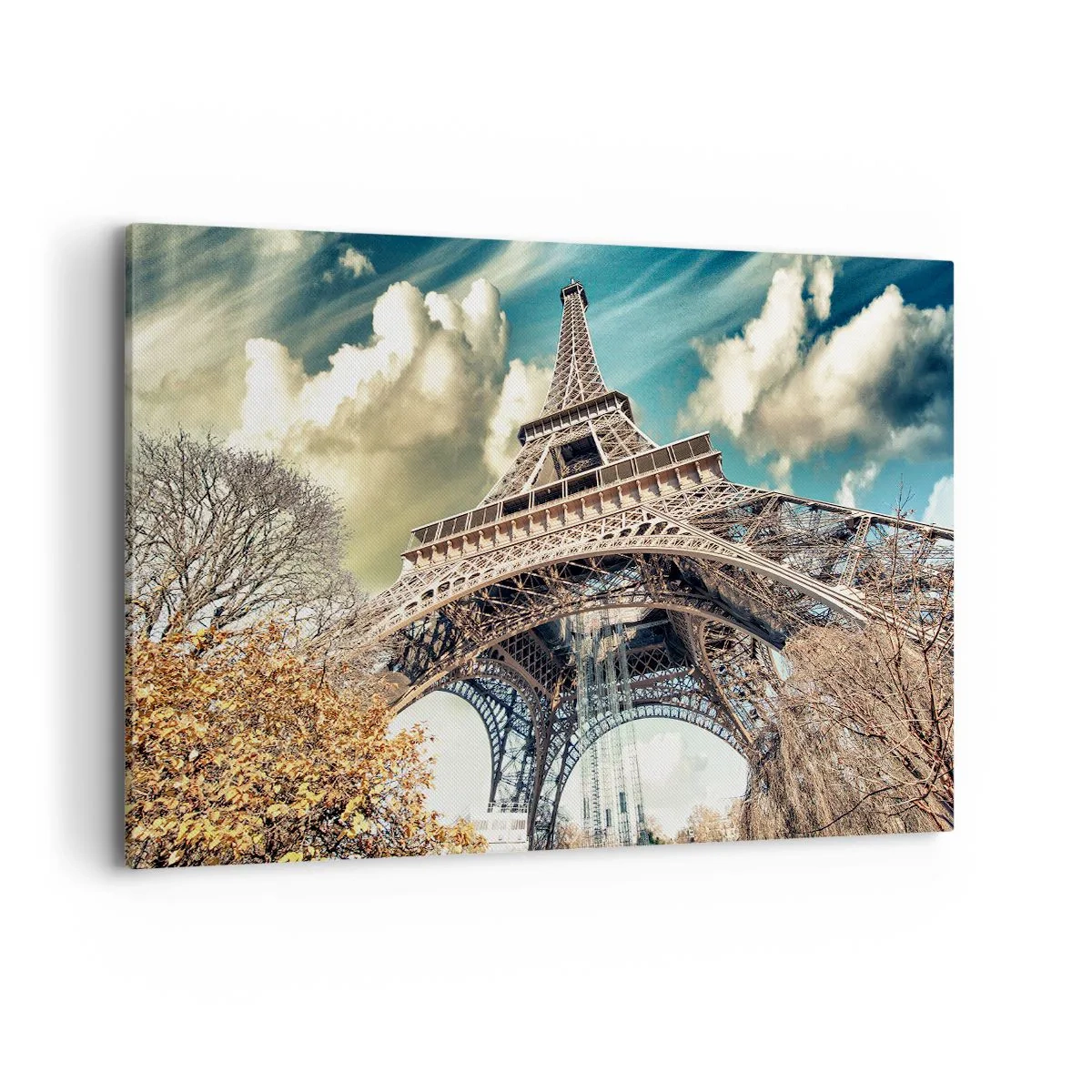Cuadro sobre lienzo - Impresión de Imagen - La Torre Eiffel desde abajo en un entorno otoñal - 120x80cm - Y en París, en otoño... - Decoración de pared moderna para salón y dormitorio ARTTOR