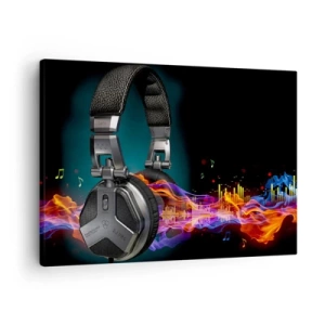 Cuadro sobre lienzo - Impresión de Imagen - Auriculares negros con un efecto de visualización de música colorido. - 70x50cm - En el fuego de la música - Decoración de pared moderna para salón y dormitorio ARTTOR