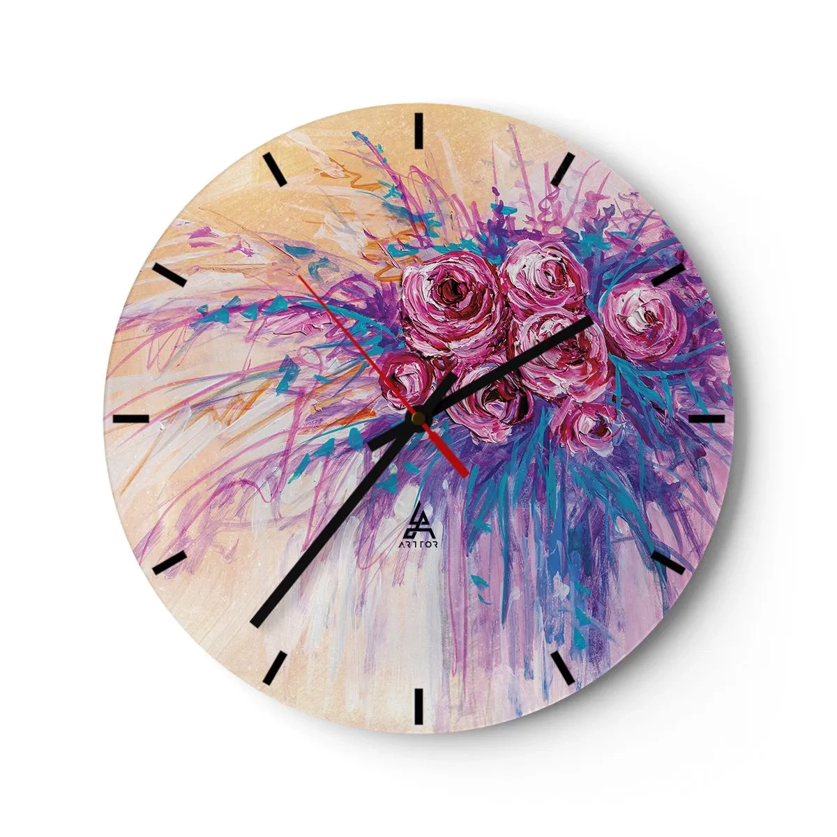 Reloj de pared - Reloj de vidrio - Ramo de rosas abstracto en estilo artístico. - 30x30cm - Fuente de rosas - Decoración de pared moderna para salón, cocina y dormitorio ARTTOR