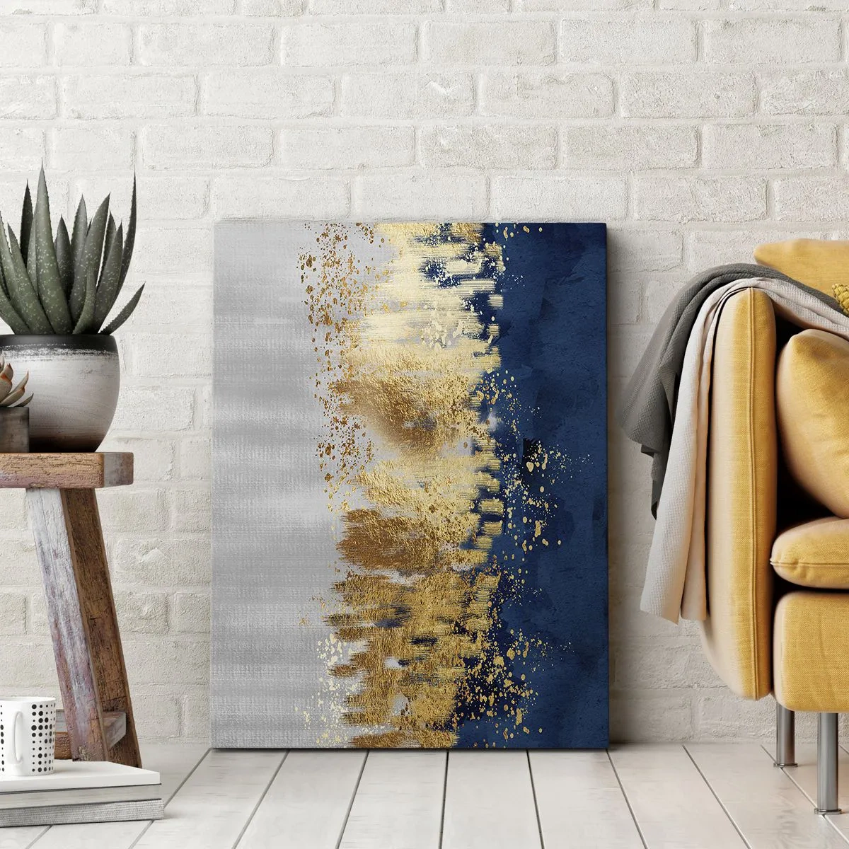 Cuadro sobre lienzo - Impresión de Imagen - Una composición abstracta en tonos dorados y azul marino. - 50x70cm - Composición moderna con chispas - Decoración de pared moderna para salón y dormitorio ARTTOR