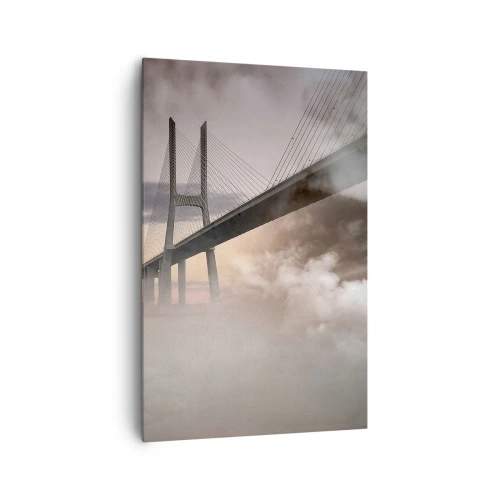 Cuadro sobre lienzo - Impresión de Imagen - Un puente sobre un río rodeado de niebla por la mañana. - 80x120cm - Junto al río que no existe - Decoración de pared moderna para salón y dormitorio ARTTOR