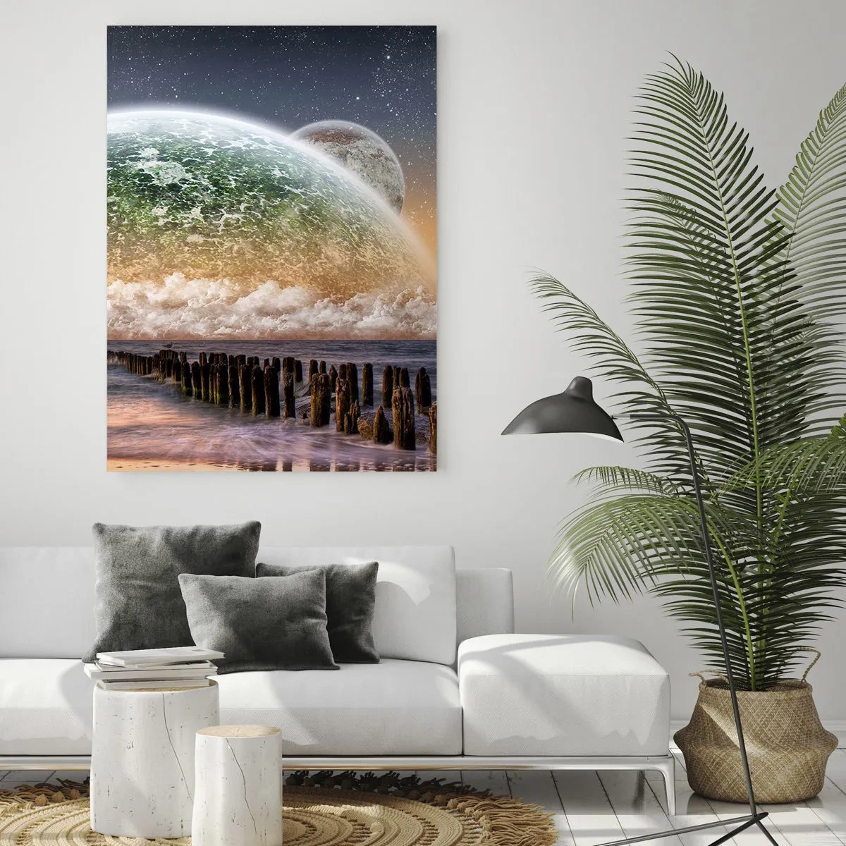 Cuadro sobre vidrio - Impresiones sobre Vidrio - Puesta de sol sobre el planeta y el océano. - 50x70cm - Y el mundo emergió del agua - Decoración de pared moderna para salón y dormitorio ARTTOR