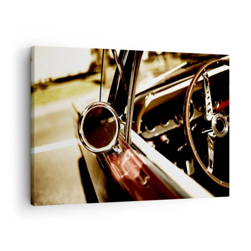 Cuadro sobre lienzo - Impresión de Imagen - Primer plano del espejo y el interior de un coche retro clásico. - 70x50cm - Un coche con alma - Decoración de pared moderna para salón y dormitorio ARTTOR