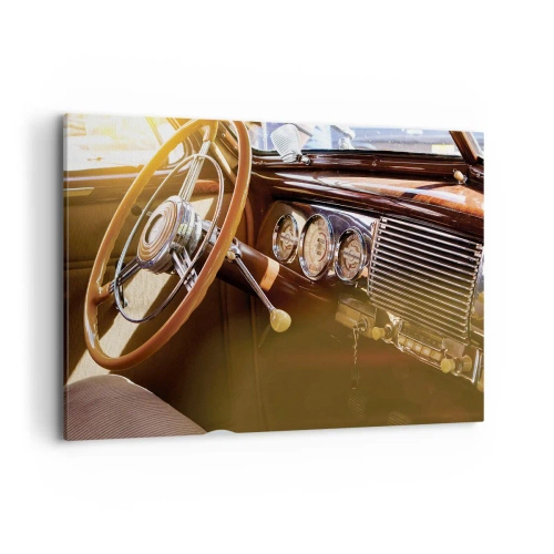 Cuadro sobre lienzo - Impresión de Imagen - Primer plano del interior de un coche clásico con detalles en madera y cromo. - 100x70cm - Un soplo de lujo del pasado - Decoración de pared moderna para salón y dormitorio ARTTOR
