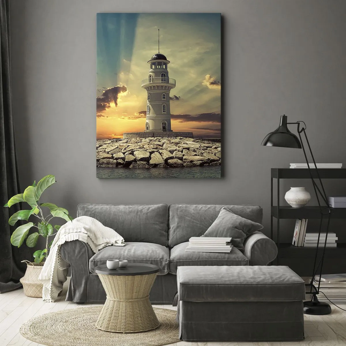 Cuadro sobre lienzo - Impresión de Imagen - Un faro al atardecer contra el cielo. - 50x70cm - Luz - Bondad - Belleza - Decoración de pared moderna para salón y dormitorio ARTTOR