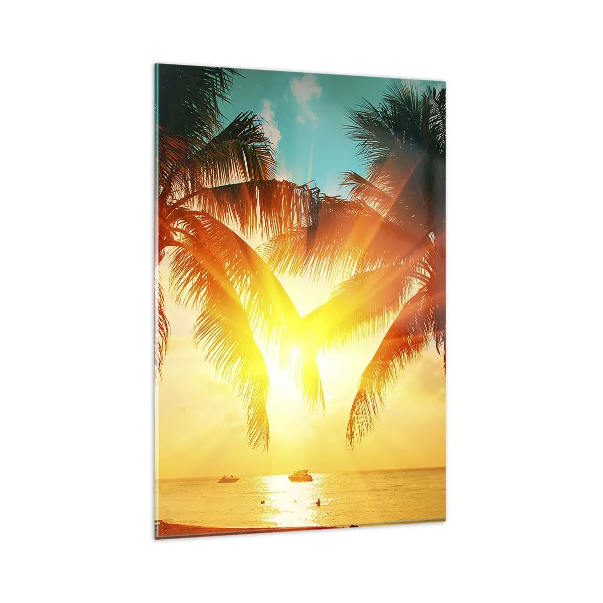 Cuadro sobre vidrio - Impresiones sobre Vidrio - Palmeras iluminadas por la cálida luz del sol poniente - 80x120cm - Pareja exótica - Decoración de pared moderna para salón y dormitorio ARTTOR