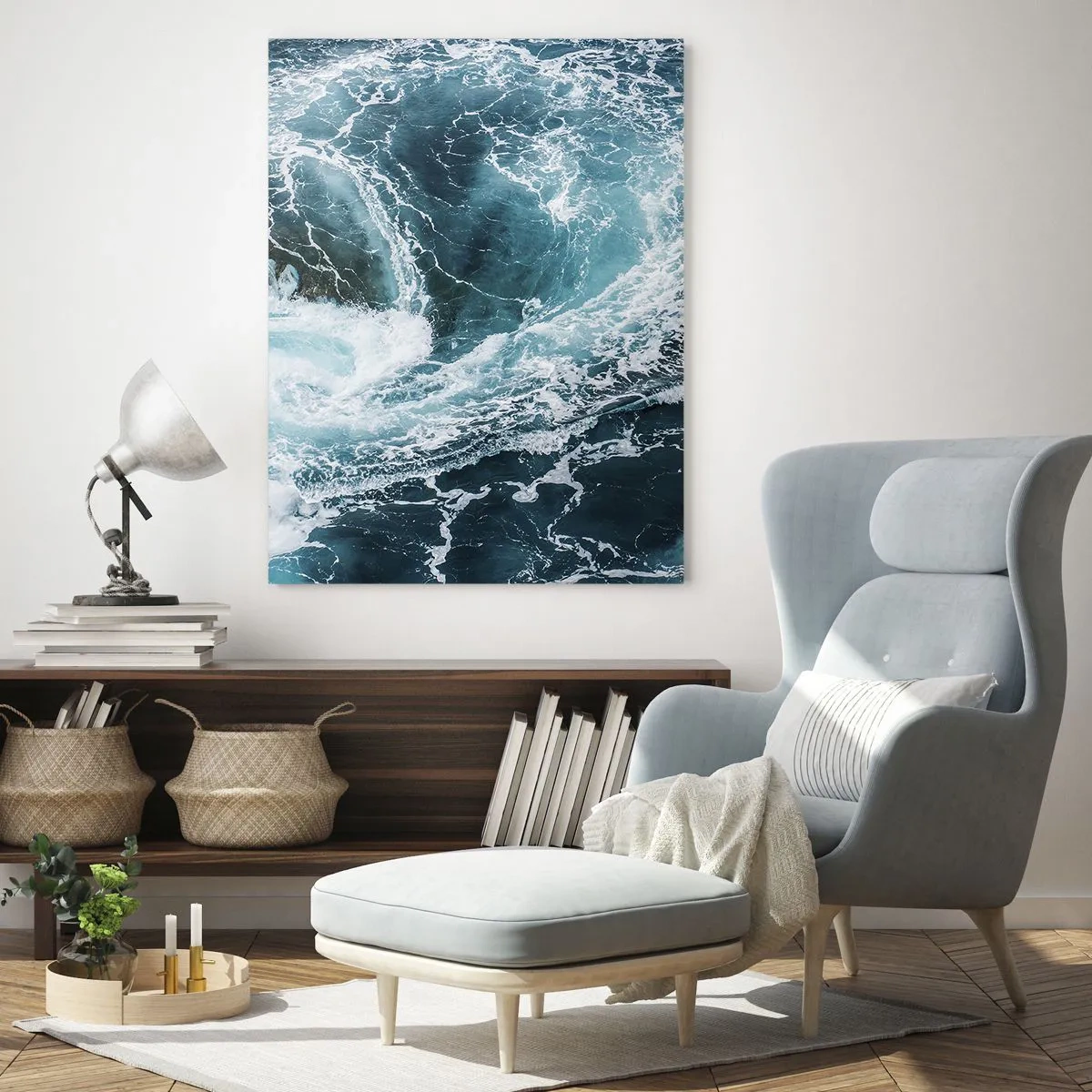 Cuadro sobre vidrio - Impresiones sobre Vidrio - Un remolino oceánico rodeado de olas blancas en agua azul. - 50x70cm - Torbellino al núcleo de la Tierra - Decoración de pared moderna para salón y dormitorio ARTTOR