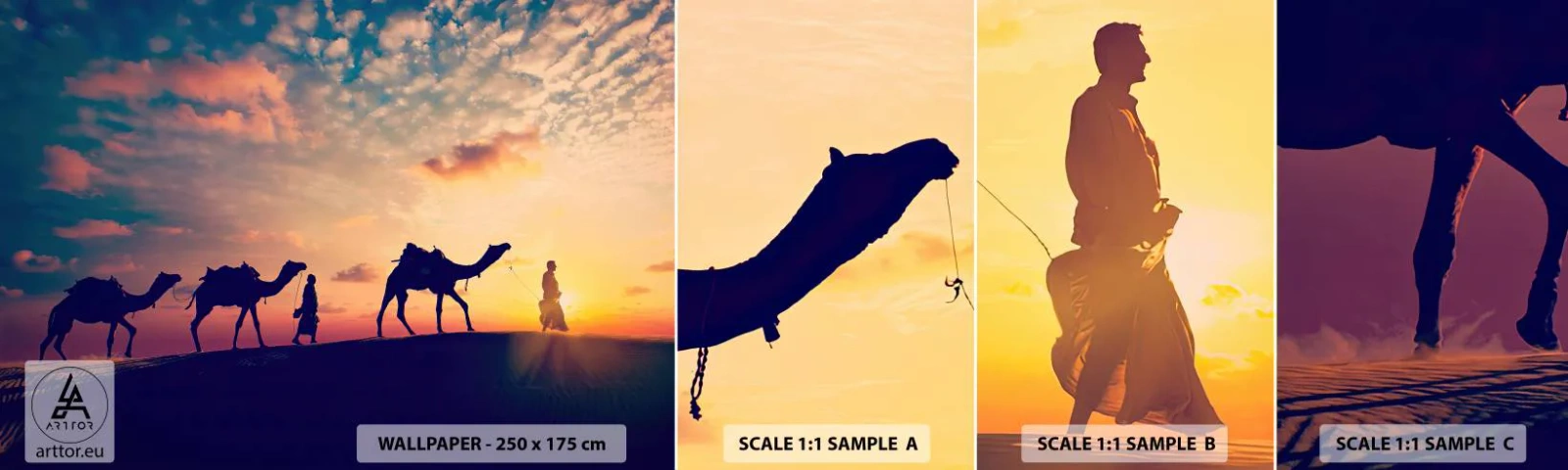 Muestra de fotomural autoadhesivo Deluxe Sticker - El misterioso espíritu de Oriente - Paisaje, Desierto, Camello - 100x30 cm