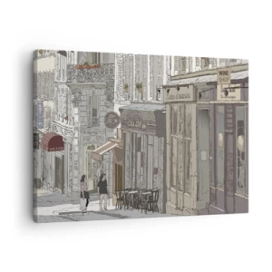 Cuadro sobre lienzo - Impresión de Imagen - Ilustración de una calle de la ciudad con cafés y tiendas. - 70x50cm - Alegrías urbanas - Decoración de pared moderna para salón y dormitorio ARTTOR