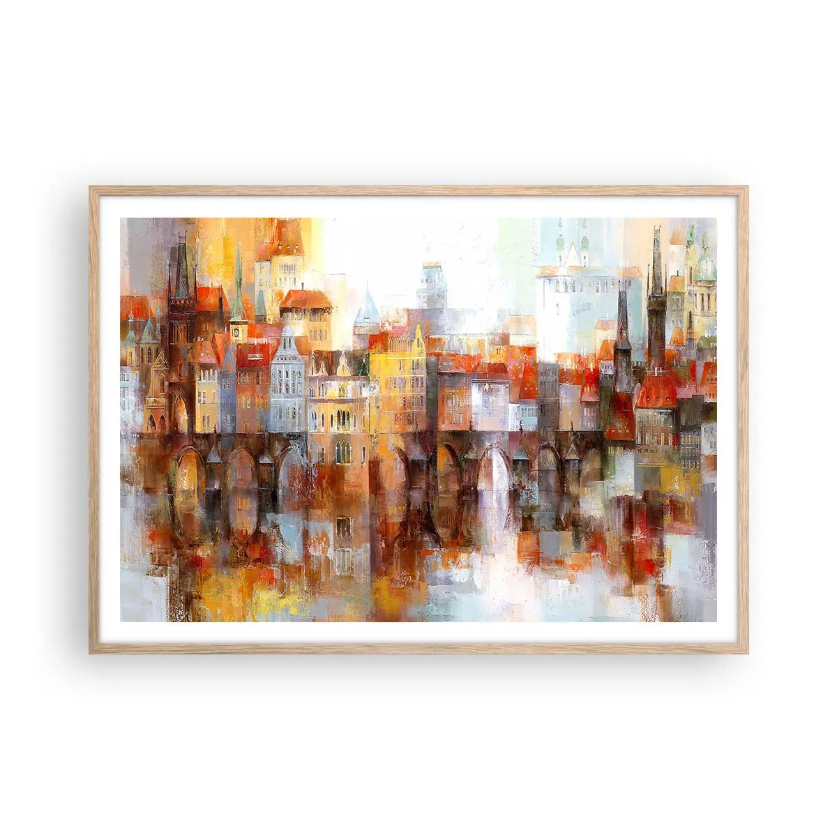 Póster en marco roble claro - Puente y ciudad - 100x70 cm