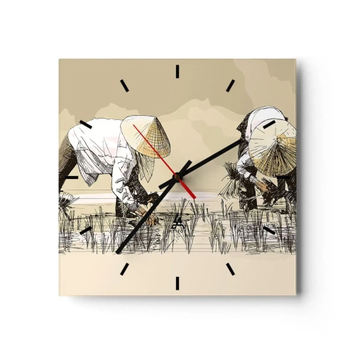 Reloj de pared - Reloj de vidrio - Agricultores trabajando en un campo de arroz con sombreros tradicionales - 30x30cm - De una cosecha exitosa - Decoración de pared moderna para salón y dormitorio ARTTOR