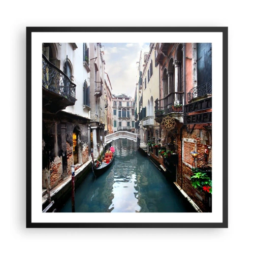 Póster en marco negro - Paisaje veneciano con góndola y puente - 60x60 cm