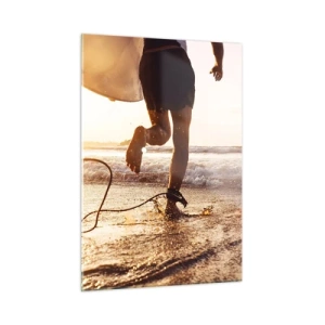 Cuadro sobre vidrio - Impresiones sobre Vidrio - Un surfista corre con su tabla por la playa al atardecer. - 50x70cm - Para enfrentar la ola - Decoración de pared moderna para salón y dormitorio ARTTOR
