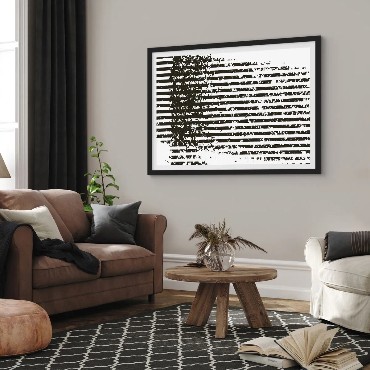 Póster en marco negro - Líneas abstractas con efecto desgastado en blanco y negro. - 70x50cm - Ritmo y ruido - Decoración de pared moderna para salón y dormitorio ARTTOR