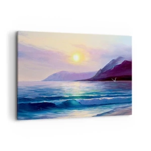 Cuadro sobre lienzo - Impresión de Imagen - Un pintoresco paisaje marino al atardecer con olas y montañas. - 120x80cm - Cristal de agua y aire - Decoración de pared moderna para salón y dormitorio ARTTOR
