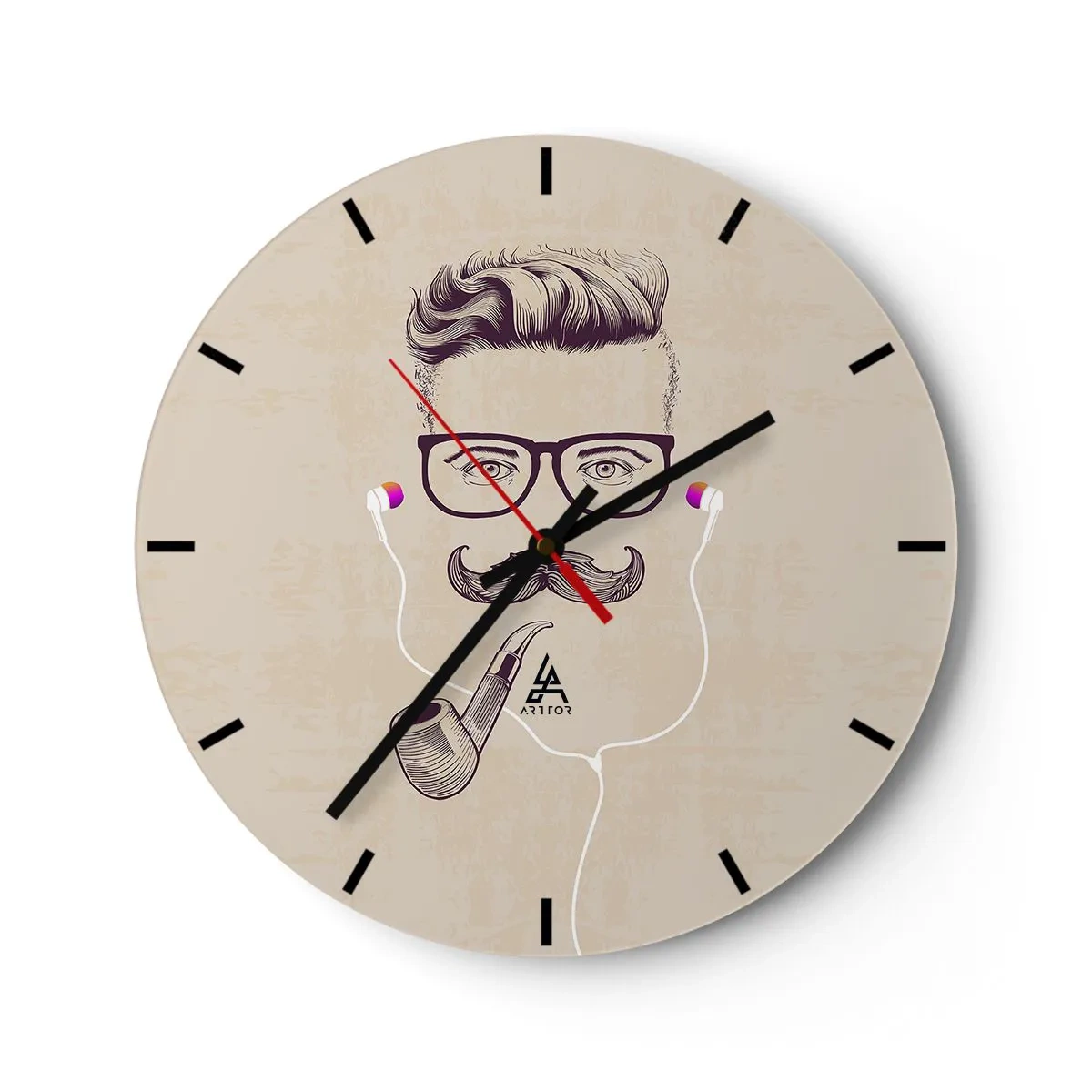 Reloj de pared - Reloj de vidrio - Ilustración de una cara con bigote, gafas, pipa y auriculares. - 30x30cm - Moda masculina - Decoración de pared moderna para salón, cocina y dormitorio ARTTOR