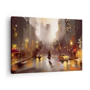 Cuadro sobre lienzo - Impresión de Imagen - Una escena urbana nocturna a la luz de las farolas y los reflejos en una calle mojada. - 70x50cm - En las luces de Nueva York - Decoración de pared moderna para salón y dormitorio ARTTOR