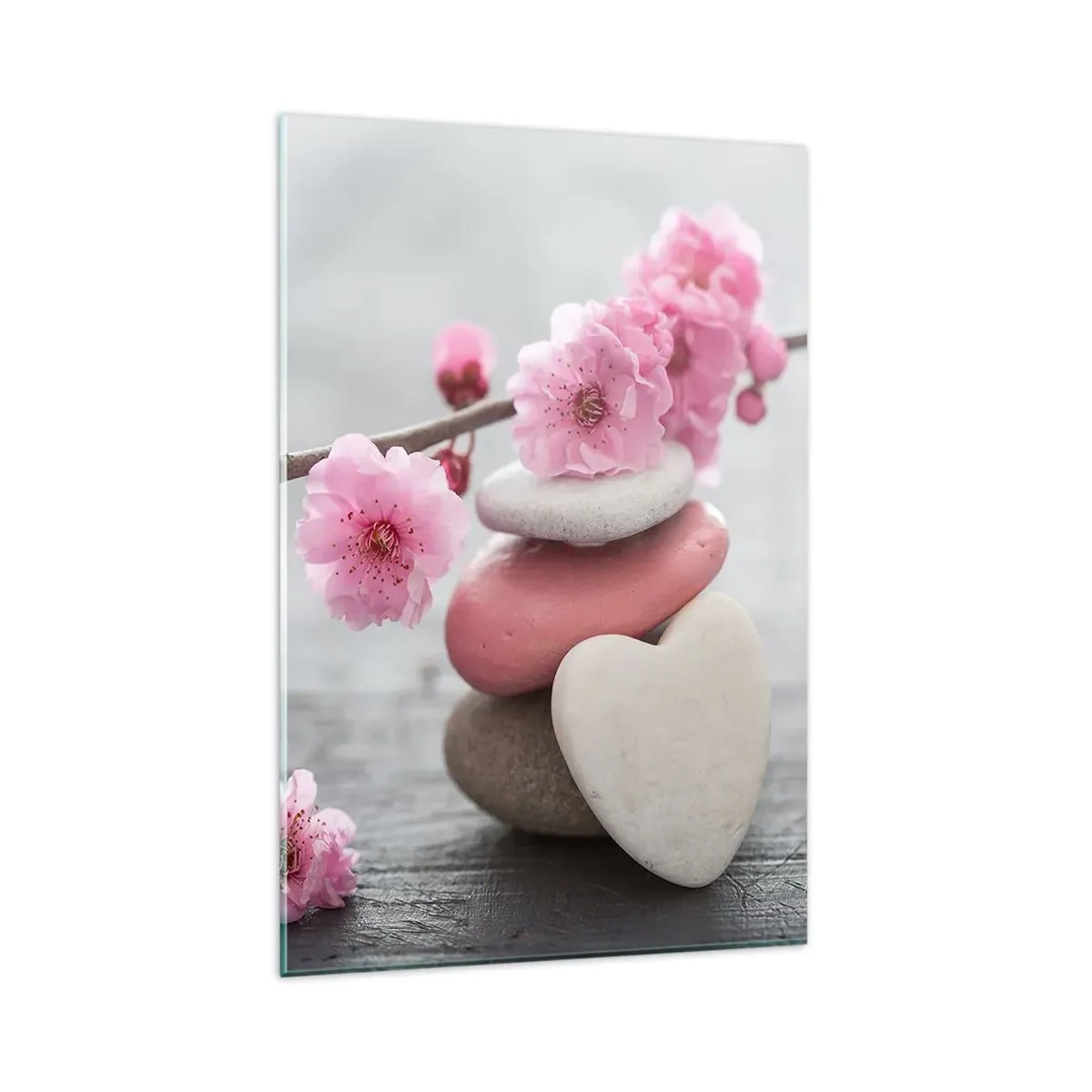 Cuadro sobre vidrio - Impresiones sobre Vidrio - Delicadas flores de cerezo con piedras en forma de corazón. - 80x120cm - Felicidad con la flor del cerezo - Decoración de pared moderna para salón y dormitorio ARTTOR