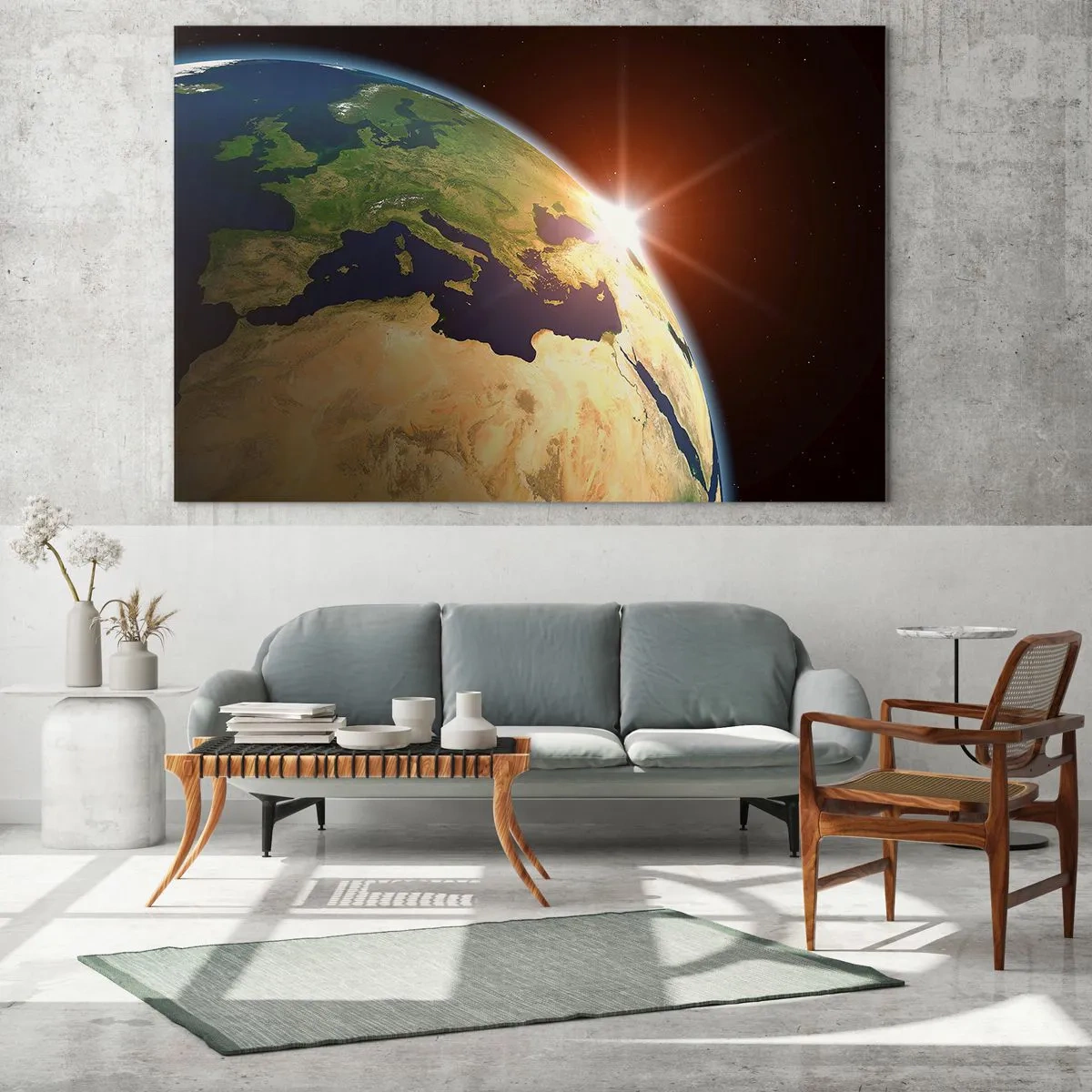 Cuadro sobre vidrio - Impresiones sobre Vidrio - La Tierra iluminada por el sol naciente desde el espacio - 100x70cm - Amanecer - Decoración de pared moderna para salón y dormitorio ARTTOR