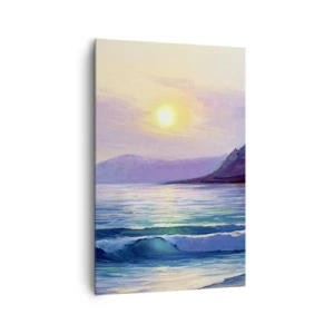 Cuadro sobre lienzo - Impresión de Imagen - Un pintoresco paisaje marino al atardecer con olas y montañas. - 80x120cm - Cristal de agua y aire - Decoración de pared moderna para salón y dormitorio ARTTOR
