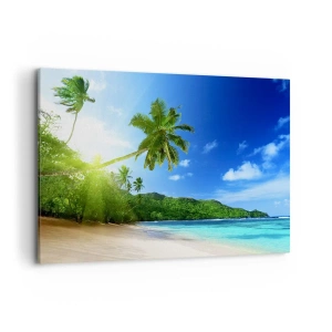 Cuadro sobre lienzo - Impresión de Imagen - Playa tropical con palmeras y mar turquesa. - 100x70cm - Un suave toque tropical - Decoración de pared moderna para salón y dormitorio ARTTOR