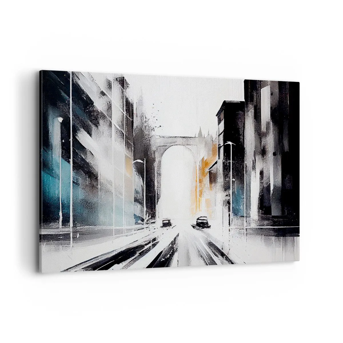 Cuadro sobre lienzo - Impresión de Imagen - Panorama abstracto de la ciudad con un puente arqueado - 120x80cm - Estudio de la ciudad: arquitectura y movimiento - Decoración de pared moderna para salón y dormitorio ARTTOR