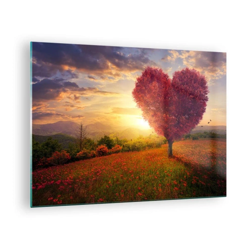 Cuadro sobre vidrio - Impresiones sobre Vidrio - Un árbol en forma de corazón en un campo al atardecer. - 70x50cm - Te atrapa el corazón - Decoración de pared moderna para salón y dormitorio ARTTOR