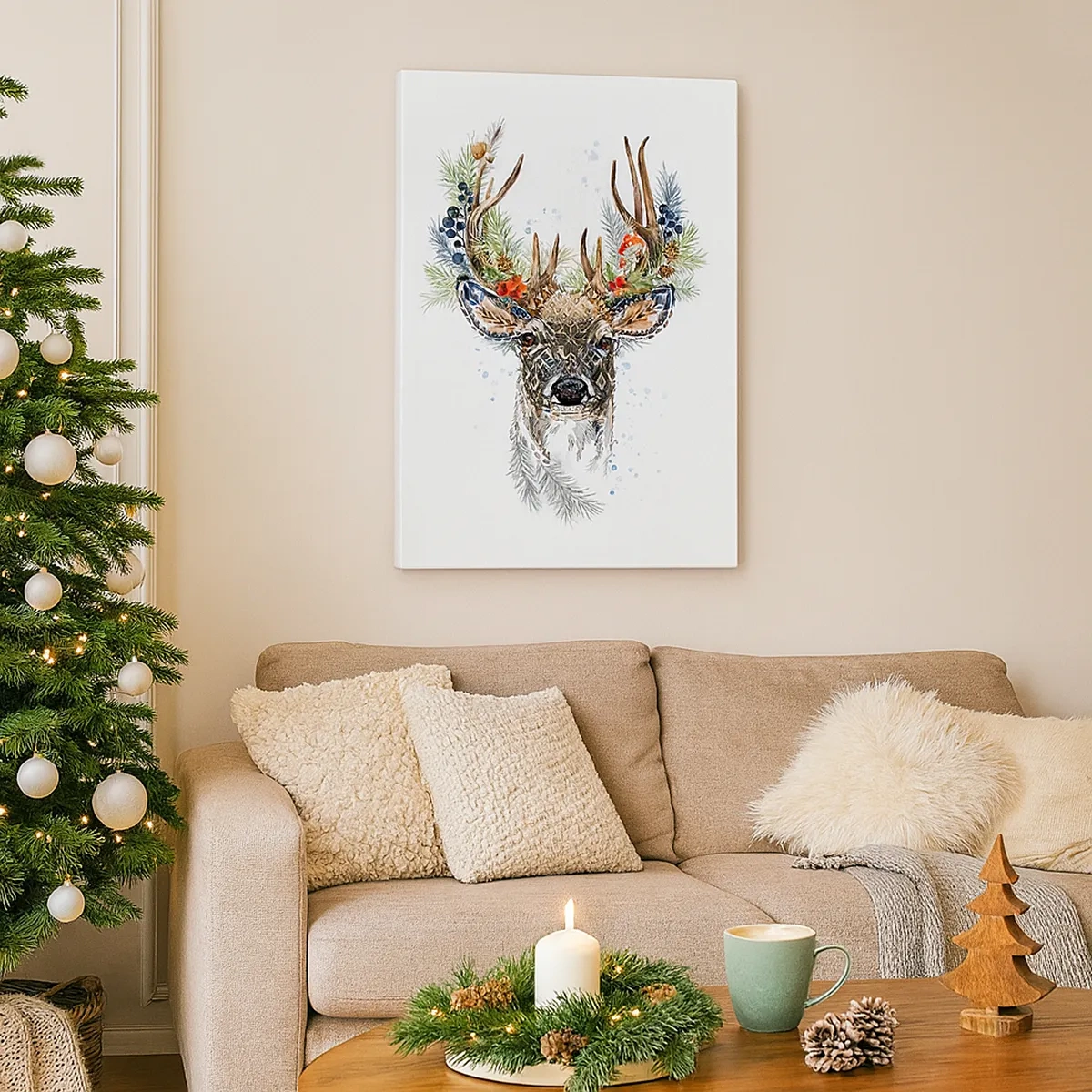 Cuadro sobre lienzo - Impresión de Imagen - Ciervo estilizado con astas decorativas sobre un fondo blanco. - 50x70cm - Con vestimenta festiva - Decoración de pared moderna para salón y dormitorio ARTTOR