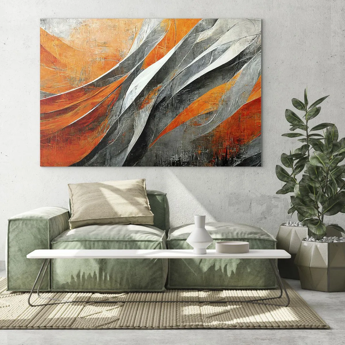Cuadro sobre vidrio - Impresiones sobre Vidrio - Rayas abstractas en tonos naranja y gris. - 70x50cm - Calor y frío - Decoración de pared moderna para salón y dormitorio ARTTOR