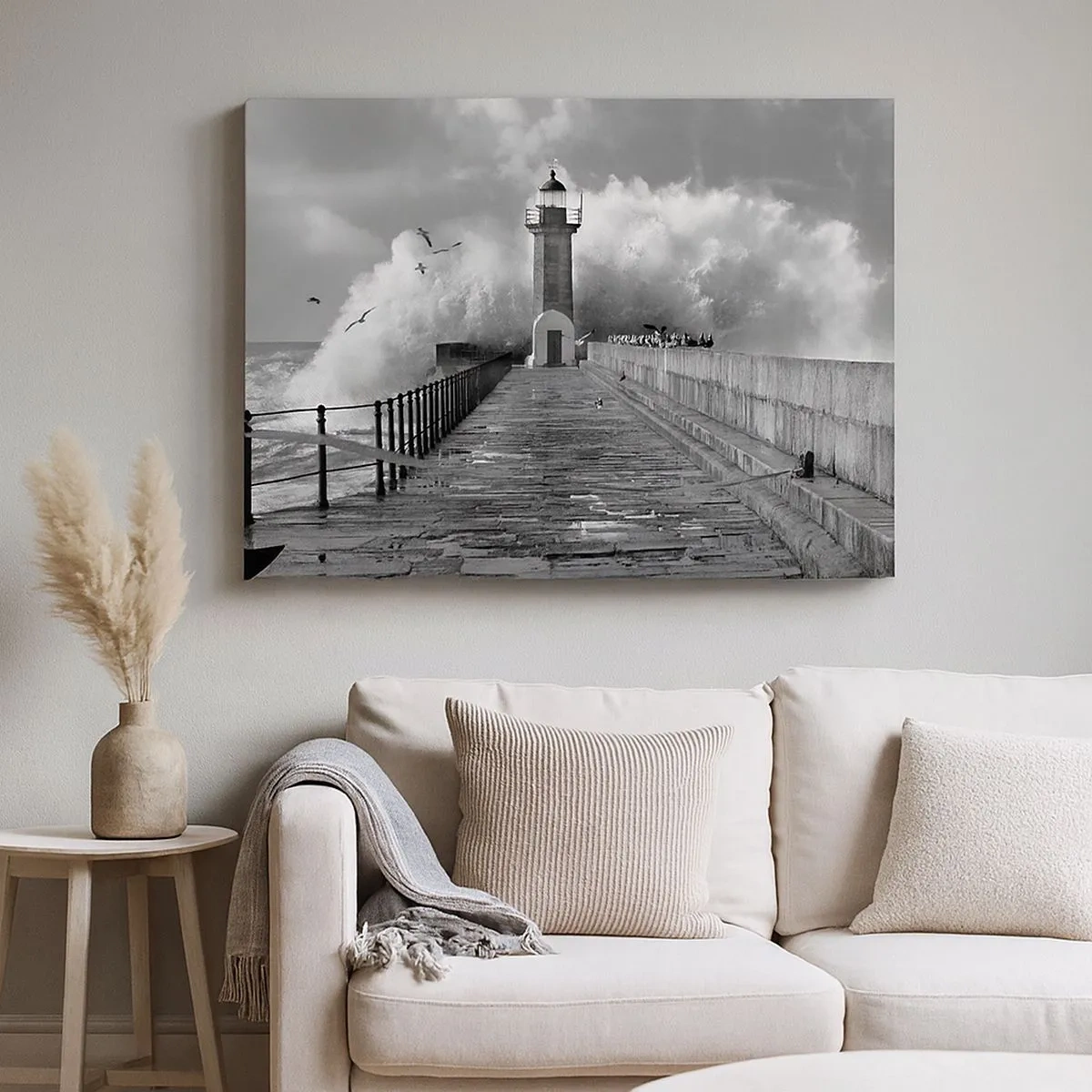 Cuadro sobre lienzo - Impresión de Imagen - Un faro rodeado de olas durante una tormenta. - 70x50cm - Audaz - Decoración de pared moderna para salón y dormitorio ARTTOR