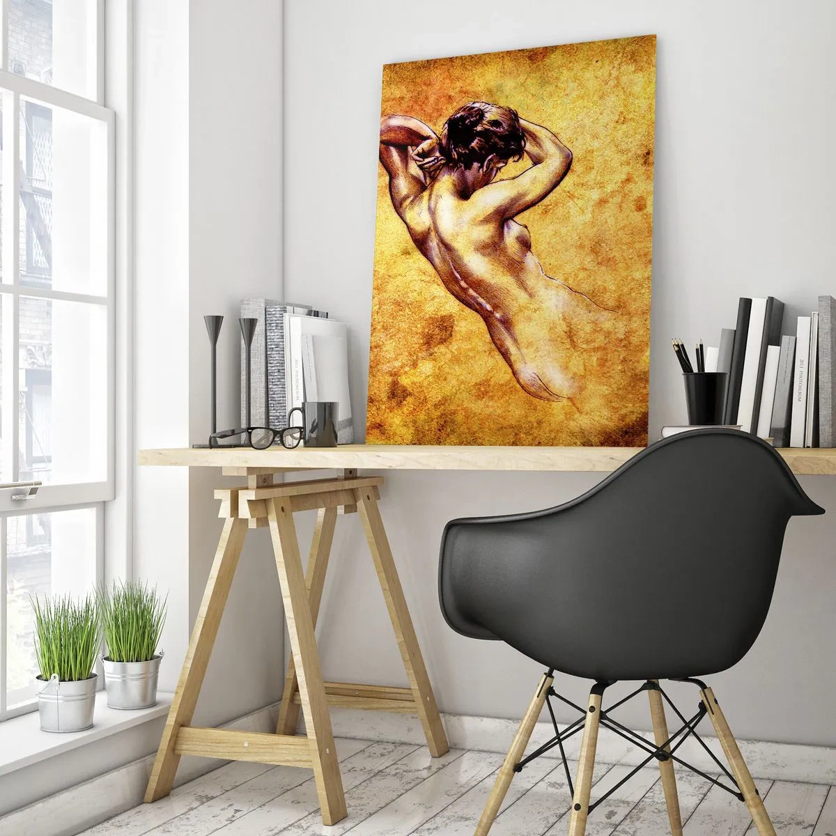 Cuadro sobre vidrio - Impresiones sobre Vidrio - Desnudo femenino artístico sobre fondo dorado en estilo clásico. - 70x100cm - Revelado, pero todavía un misterio - Decoración de pared moderna para salón y dormitorio ARTTOR