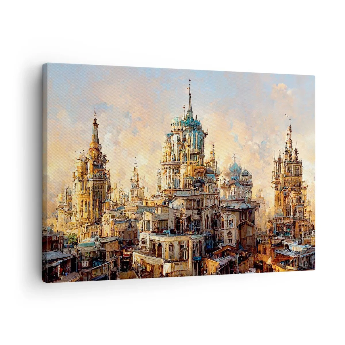 Cuadro sobre lienzo - Impresión de Imagen - Torres arquitectónicas bajo los rayos del sol poniente - 70x50cm - Una ciudad de ciudades - Decoración de pared moderna para salón y dormitorio ARTTOR