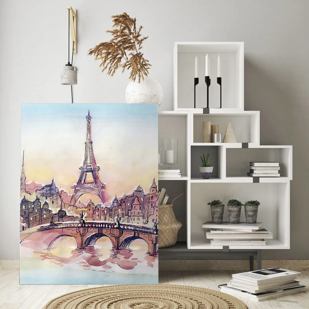 Cuadro sobre vidrio - Impresiones sobre Vidrio - Un panorama de París con la Torre Eiffel en un delicado estilo de acuarela. - 50x70cm - Única en el mundo - Decoración de pared moderna para salón y dormitorio ARTTOR