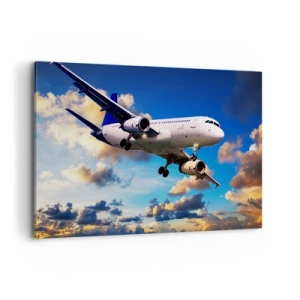 Cuadro sobre lienzo - Impresión de Imagen - Un avión de pasajeros contra las nubes al atardecer. - 120x80cm - Un viaje en blanco y azul - Decoración de pared moderna para salón y dormitorio ARTTOR