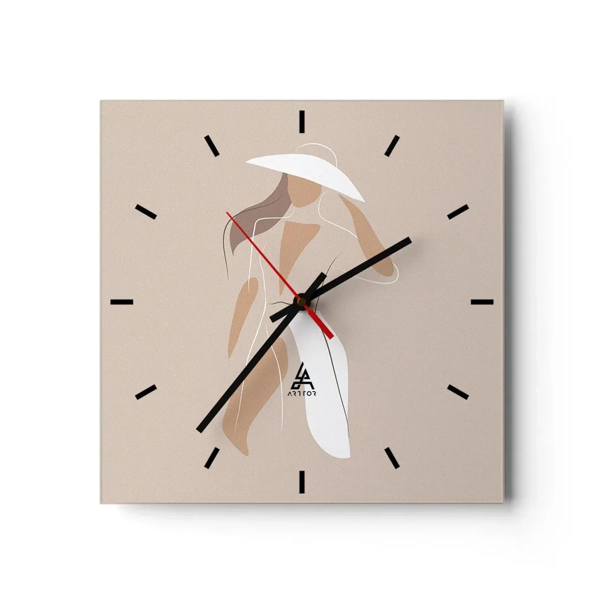 Reloj de pared - Reloj de vidrio - Un dibujo minimalista de una mujer con sombrero sobre un fondo beige. - 30x30cm - La moda es alegría - Decoración de pared moderna para salón y dormitorio ARTTOR
