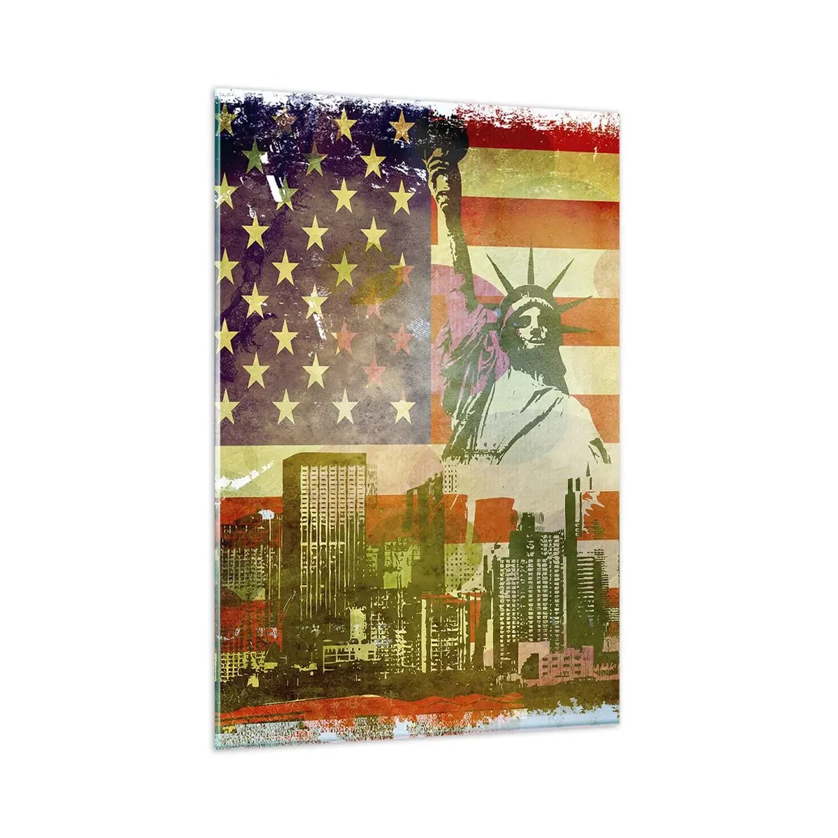 Cuadro sobre vidrio - Impresiones sobre Vidrio - La Estatua de la Libertad con la bandera estadounidense como telón de fondo y el horizonte de la ciudad. - 80x120cm - ¡Viva América! - Decoración de pared moderna para salón y dormitorio ARTTOR
