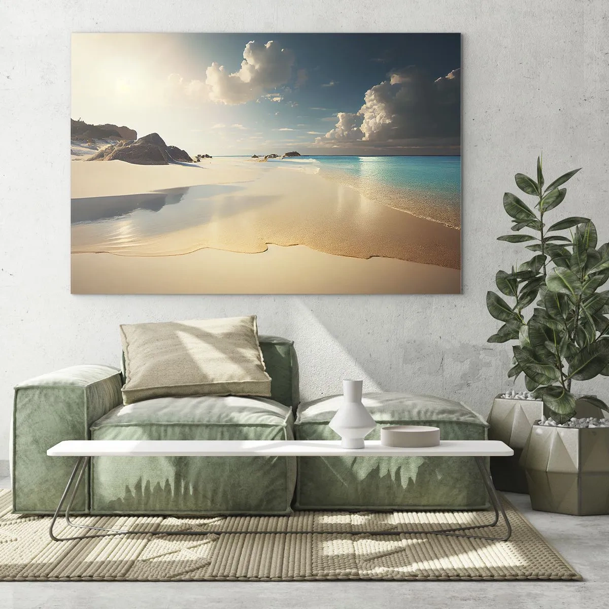 Cuadro sobre vidrio - Impresiones sobre Vidrio - Playa dorada y mar turquesa a la luz del sol de la mañana. - 120x80cm - Un día de ensueño - Decoración de pared moderna para salón y dormitorio ARTTOR