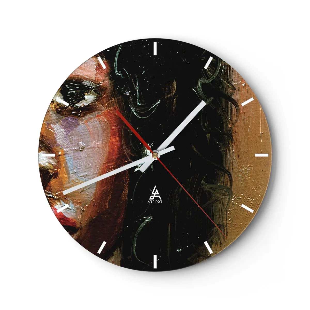 Reloj de pared - Reloj de vidrio - Un fragmento de retrato de mujer pintado con una textura gruesa de pintura al óleo. - 30x30cm - La mitad de mi ser - Decoración de pared moderna para salón, cocina y dormitorio ARTTOR