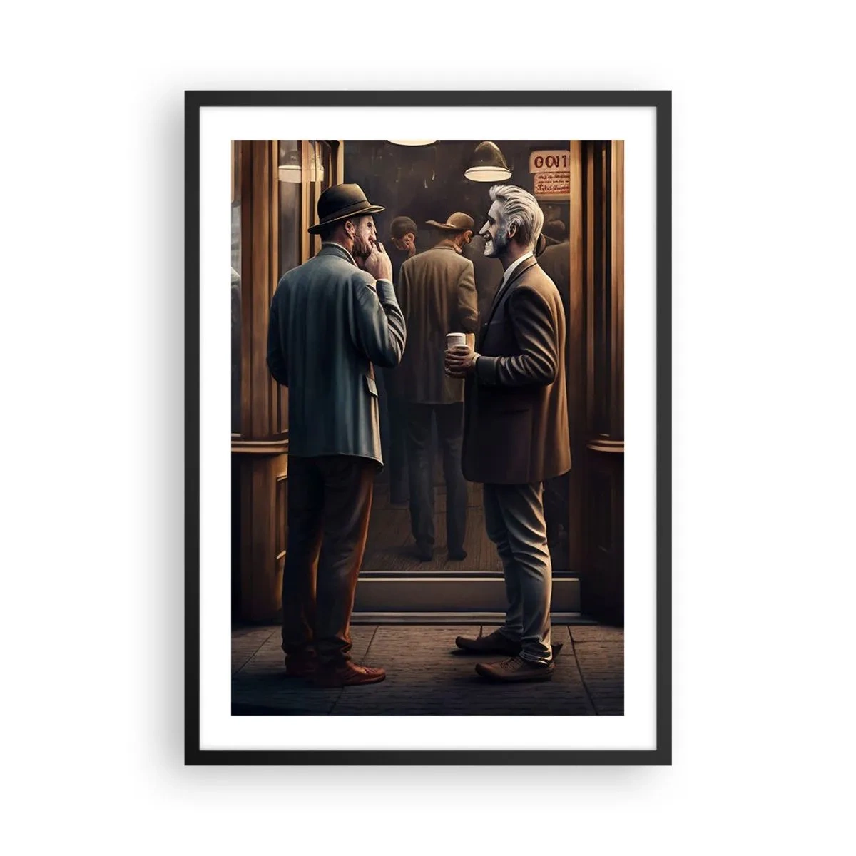 Póster en marco negro - Dos hombres elegantes hablando frente a un café. - 50x70cm - Un buen momento del día - Decoración de pared moderna para salón y dormitorio ARTTOR