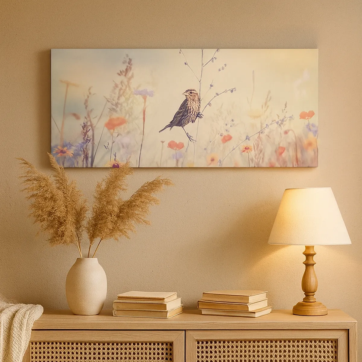 Cuadro sobre lienzo - Impresión de Imagen - Retrato de pájaro con prado de fondo - 30x30 cm