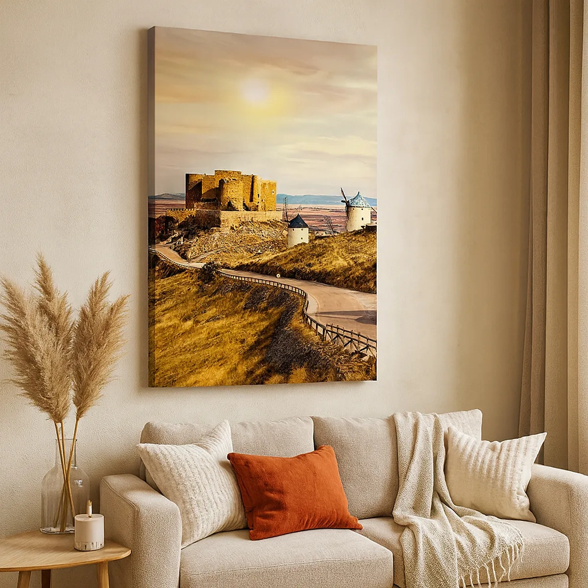Cuadro sobre lienzo - Impresión de Imagen - Molinos de viento en las colinas con un castillo histórico al fondo - 50x70cm - Don Quijote los vio - Decoración de pared moderna para salón y dormitorio ARTTOR